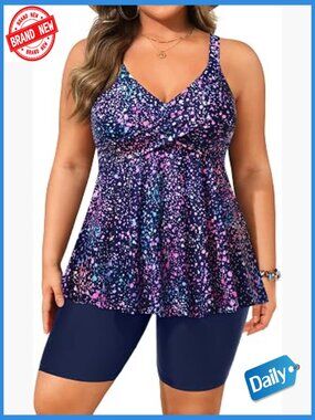 Plus Size Tankini Set with Shorts - Tummy Control Swimwear Flowy Two Piece 2026